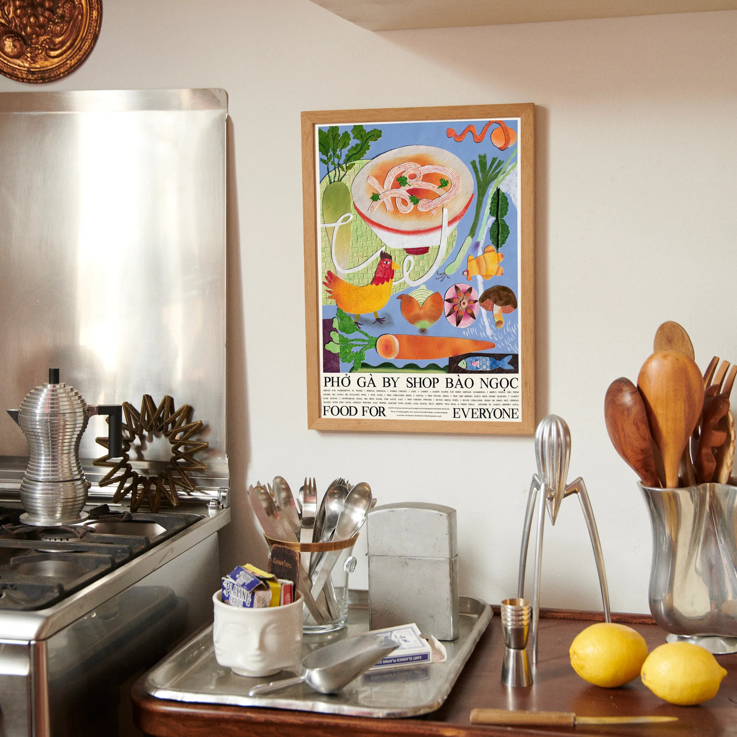 Food For Everyone Poster A2 Pho Ga painting with layered collage technique, a bowl of Vietnamese chicken noodle soup, hung on the kitchen wall.