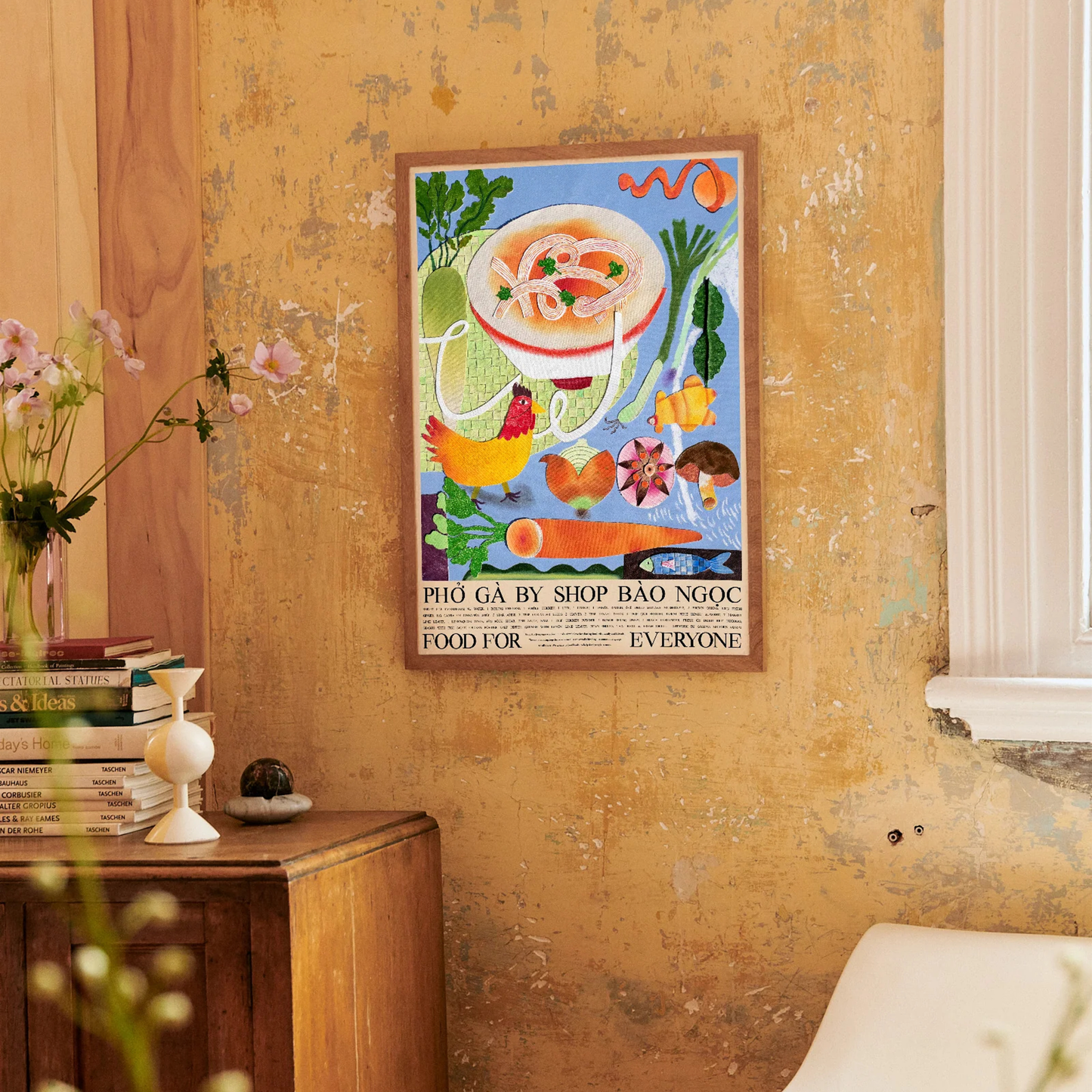 Food For Everyone Poster A2 Pho Ga painting with layered collage technique, a bowl of Vietnamese chicken noodle soup, hung on the wall.
