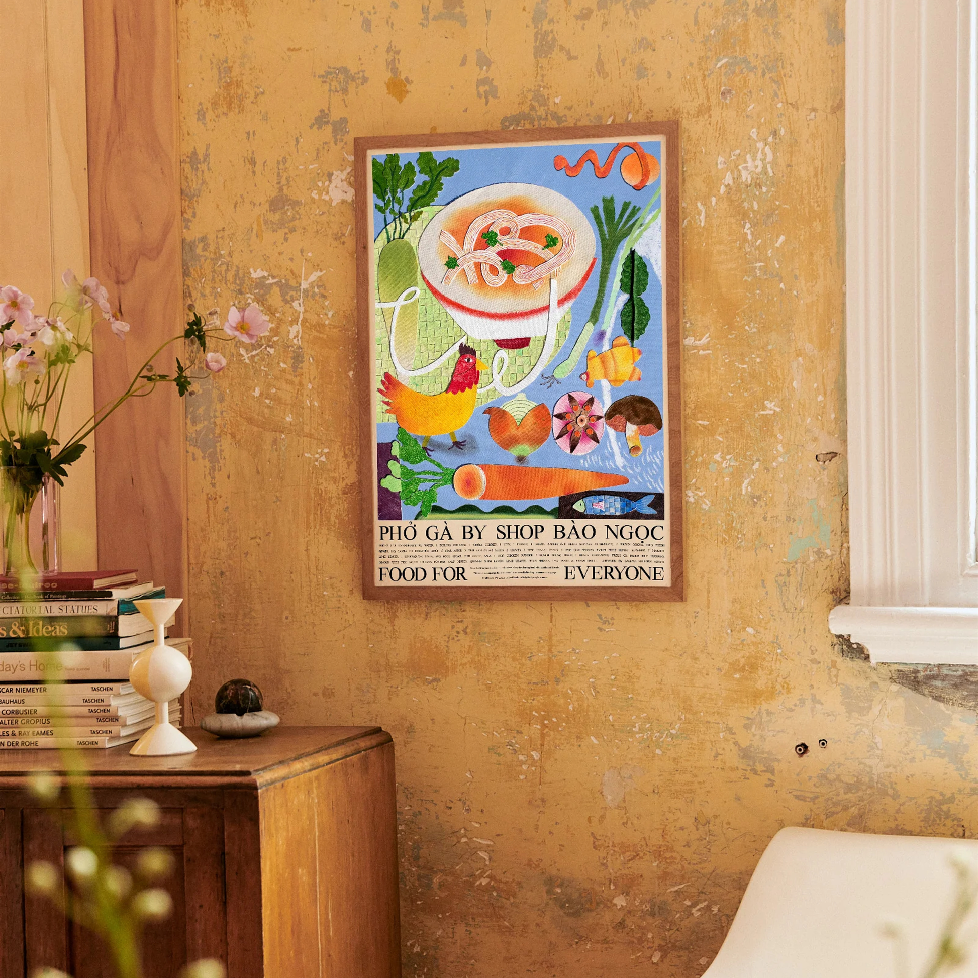 Food For Everyone Poster A2 Pho Ga painting with layered collage technique, a bowl of Vietnamese chicken noodle soup, hung on the wall.