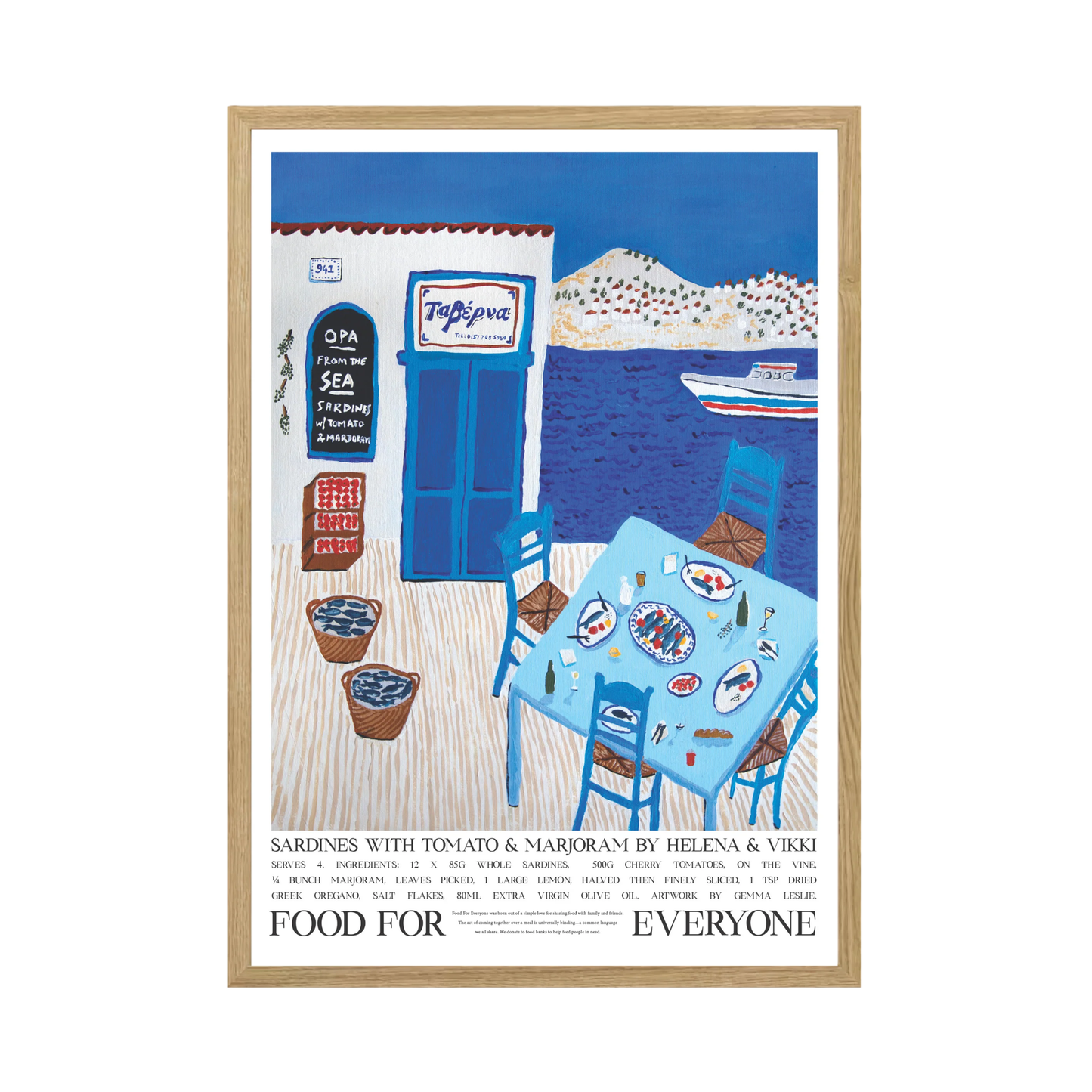 Front view of the Food For Everyone Poster A2 Sardines with Tomato & Marjoram featuring the breezy, beachside taverna somewhere along the Mediterranean coast.