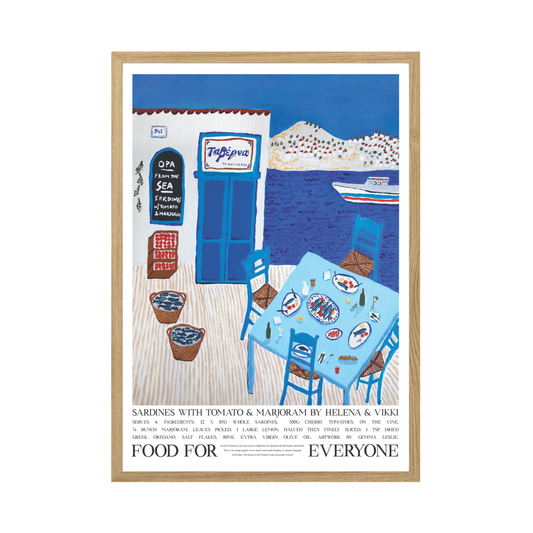Front view of the Food For Everyone Poster A2 Sardines with Tomato & Marjoram featuring the breezy, beachside taverna somewhere along the Mediterranean coast.