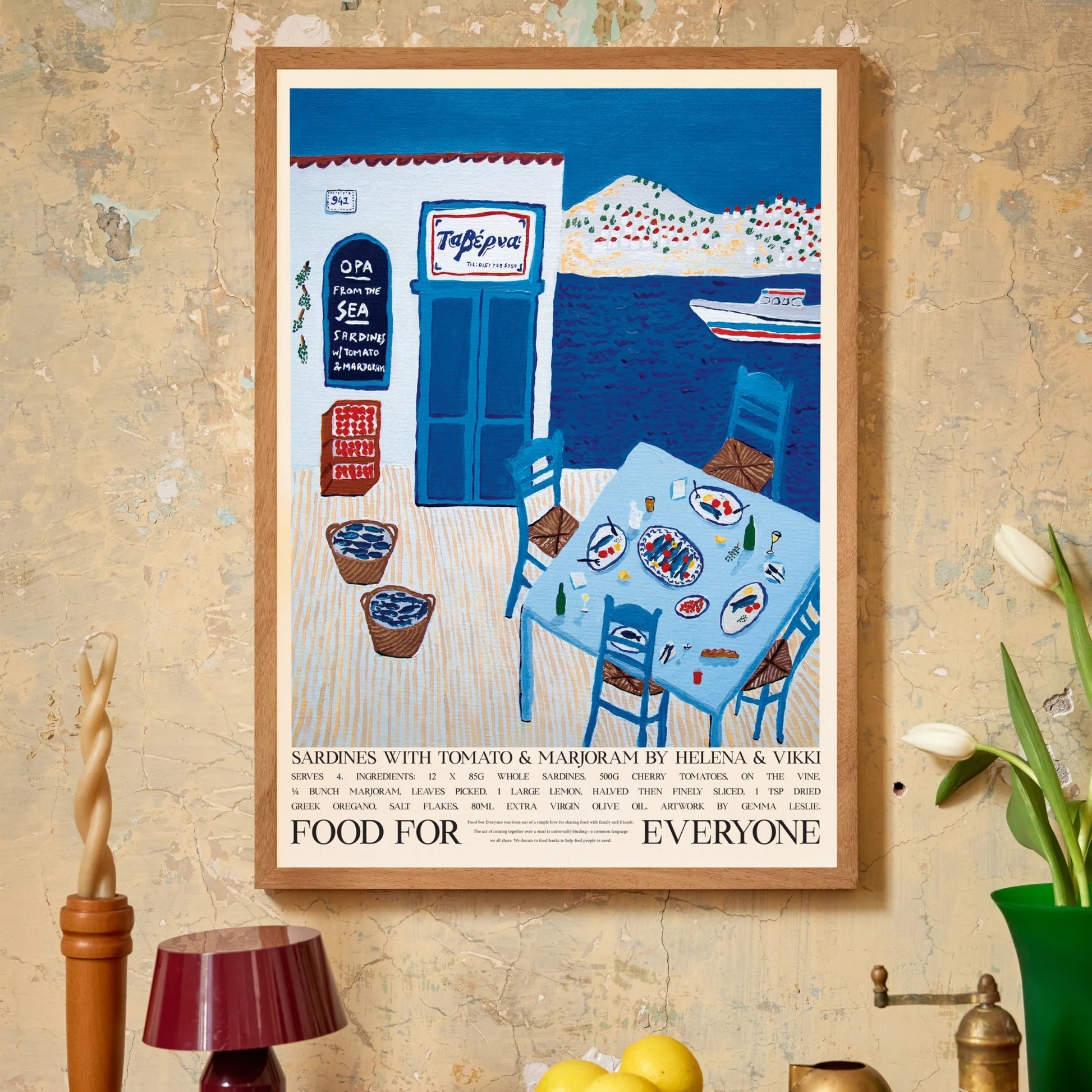 Food For Everyone Poster A2 Sardines with Tomato & Marjoram featuring the breezy, beachside taverna somewhere along the Mediterranean coast, hung on the wall.