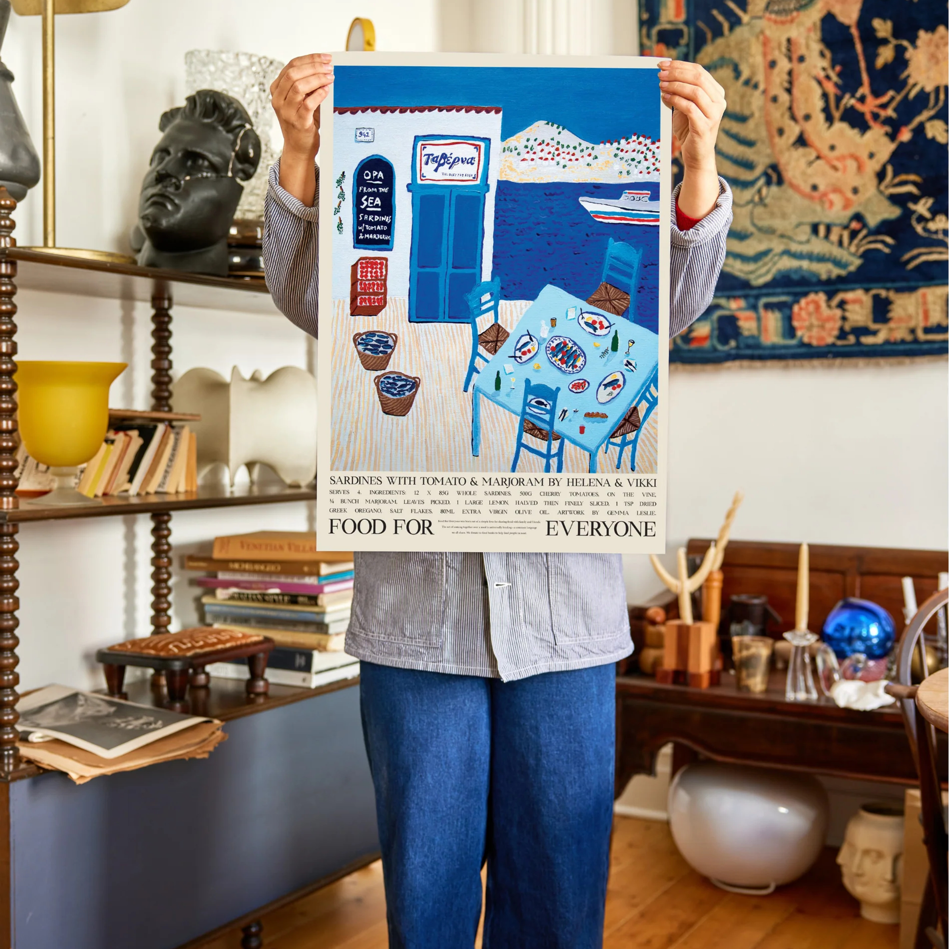 Food For Everyone Poster A2 Sardines with Tomato & Marjoram featuring the breezy, beachside taverna somewhere along the Mediterranean coast, help upwards.