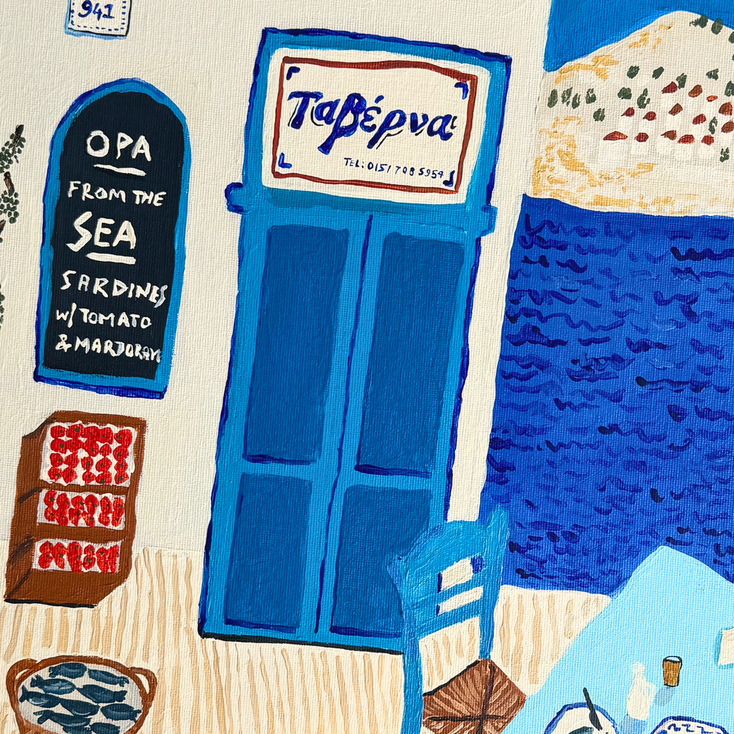Close up on the taverna door and menu from the Food For Everyone Poster A2 Sardines with Tomato & Marjoram featuring the breezy, beachside taverna somewhere along the Mediterranean coast.