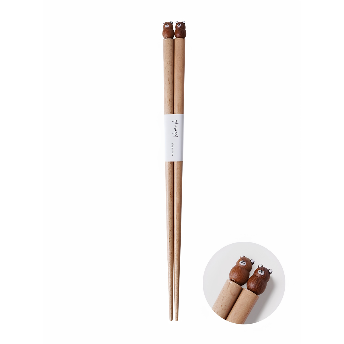 Close up on the Bear from Grapport Plumpy Wood Chopsticks Bear which is handmade in Japan inspired by place of origin, 22.5cm.