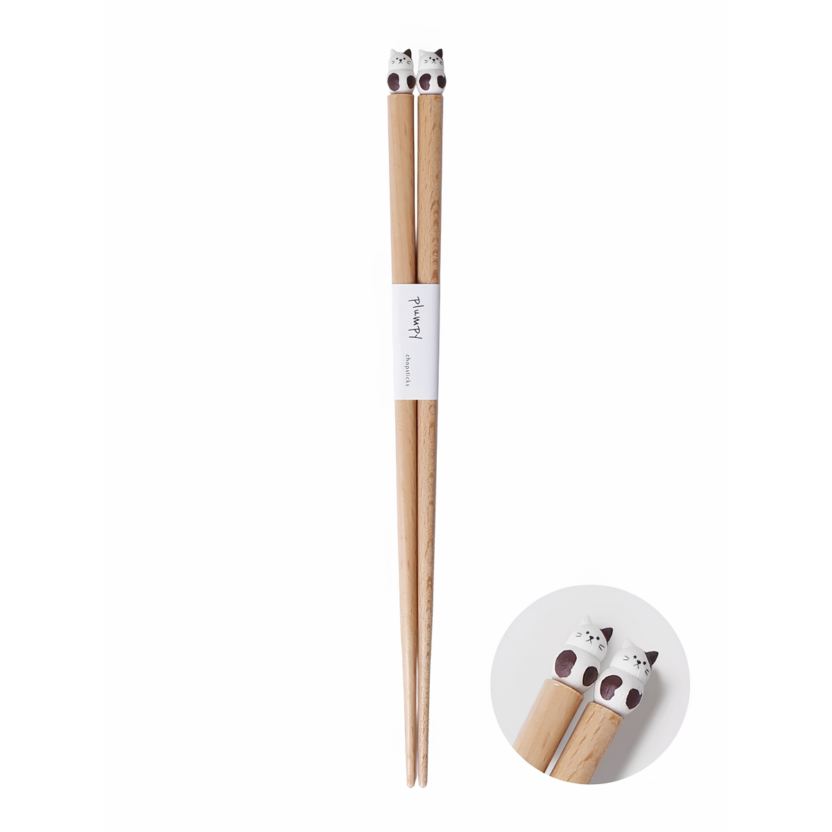 Close up on the Cat from Grapport Plumpy Wood Chopsticks Cat which is handmade in Japan inspired by place of origin, 22.5cm.