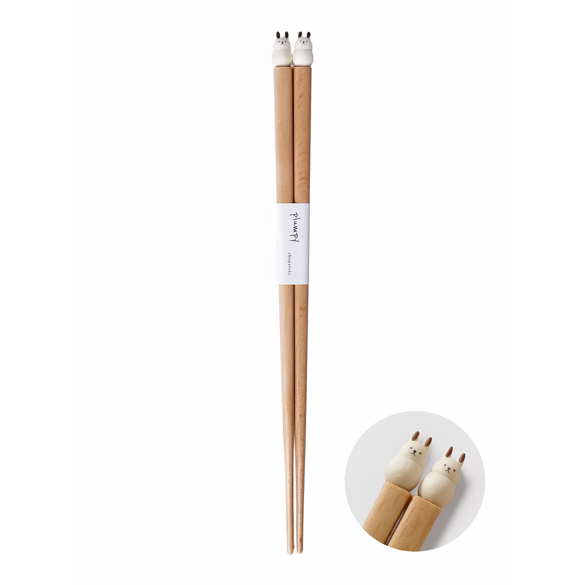 Close up on the rabbit from Grapport Plumpy Wood Chopsticks Rabbit which is handmade in Japan inspired by place of origin, 22.5cm.