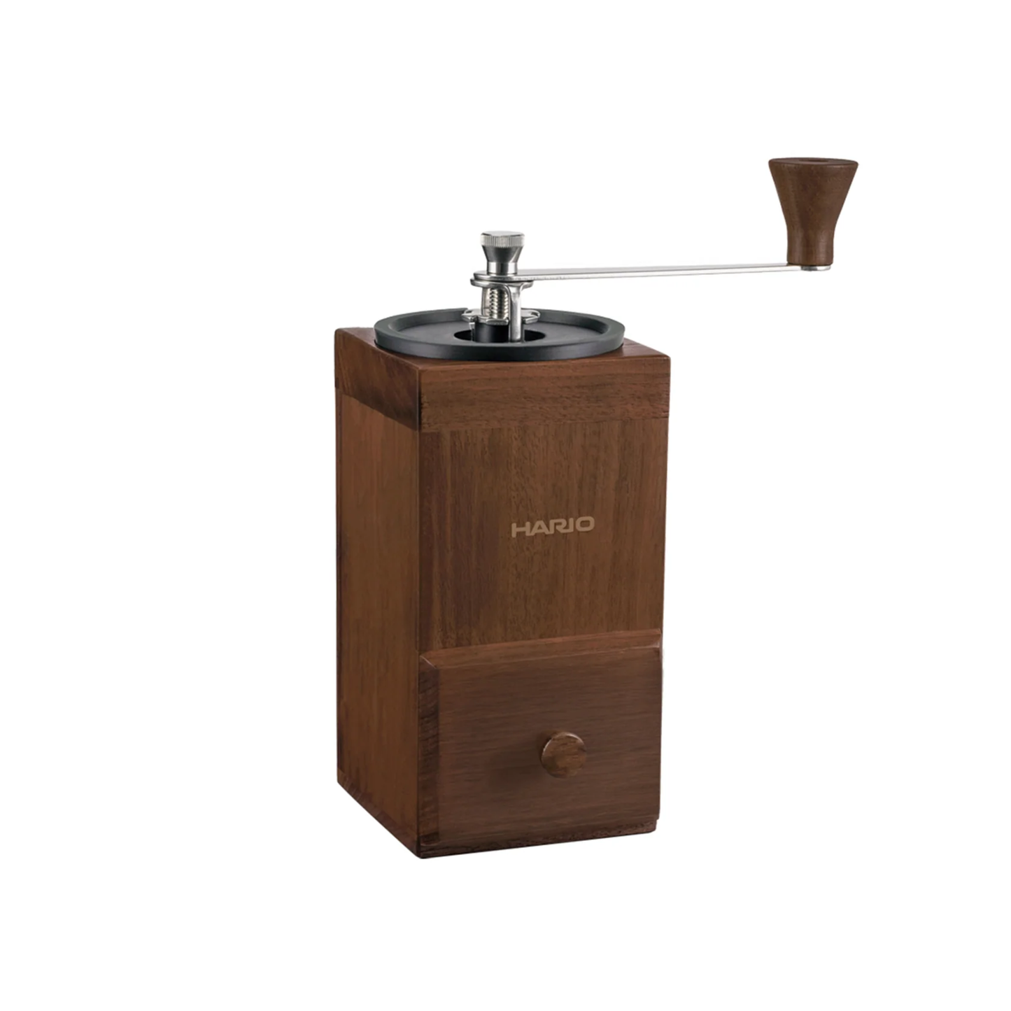 Semi side view of the Hario Coffee Mill Cube 3-4 cups wooden coffee grinder with ceramic burr and stainless steel handle.