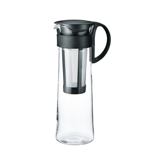 Side view of the Hario Cold Brew Coffee Pot Glass Black made from durable heatproof Hario glass, foolproof design with 1L capacity.