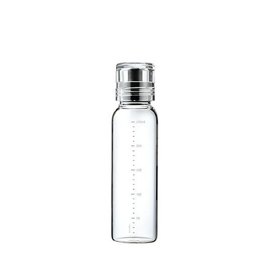 HARIO Dressing Bottle, 250mL capacity, heatproof glass with twist cap and modest pouring spout, available in Pale Grey and Black. Designed for shaking, pouring, and storing homemade dressings; dishwasher and heat sterilization safe.