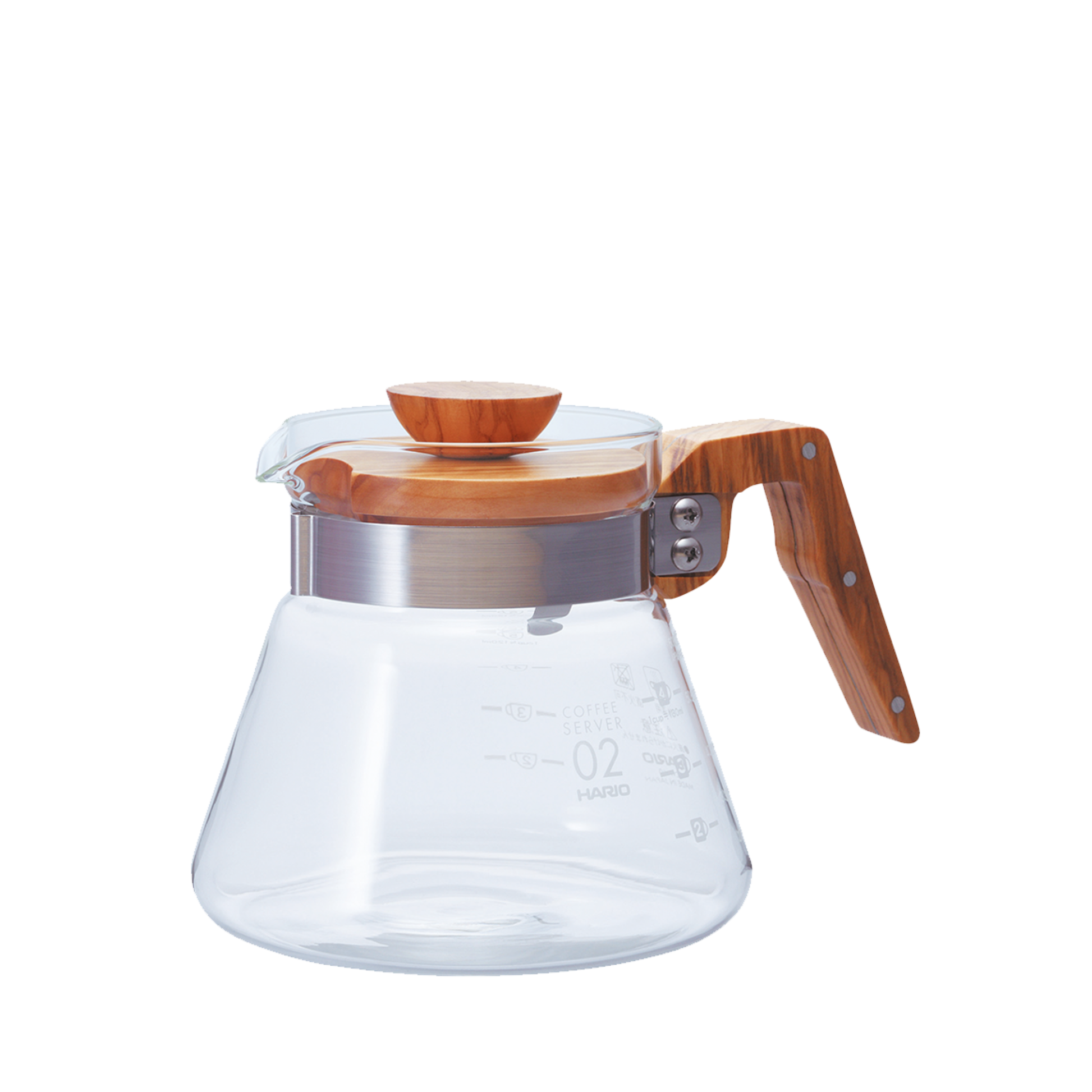 Side view of the Hario Glass Coffee Server 600 ml Olive Wood which includes pot from heatproof glass, lid from olive wood, handle, band and screw from stainless steel, with brass screw, featuring natural wood making each piece unique.