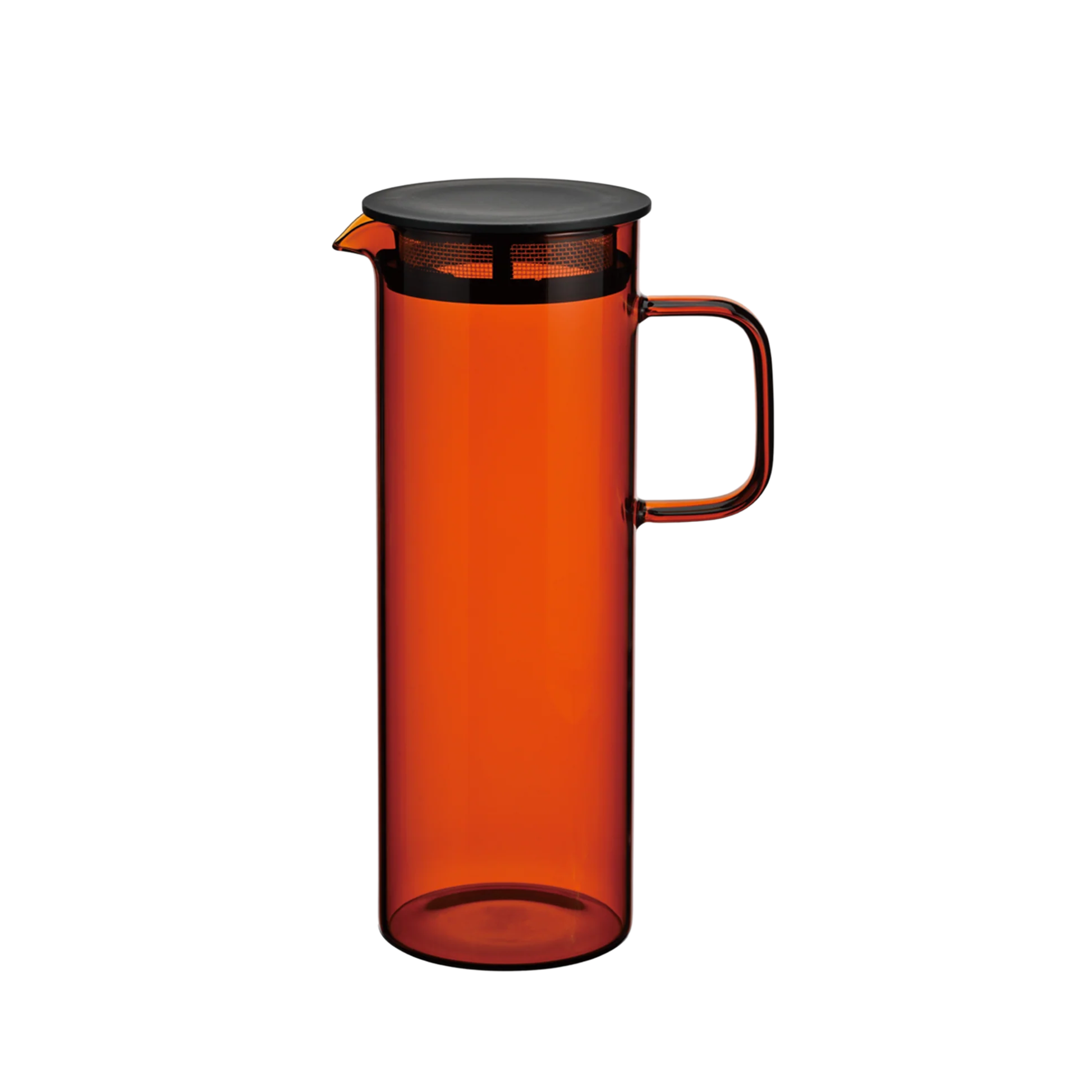 Side view of the Hario Glass Pitcher Amber that is made from heatproof glass with 800ml capacity, with a lid that has a mesh filter.