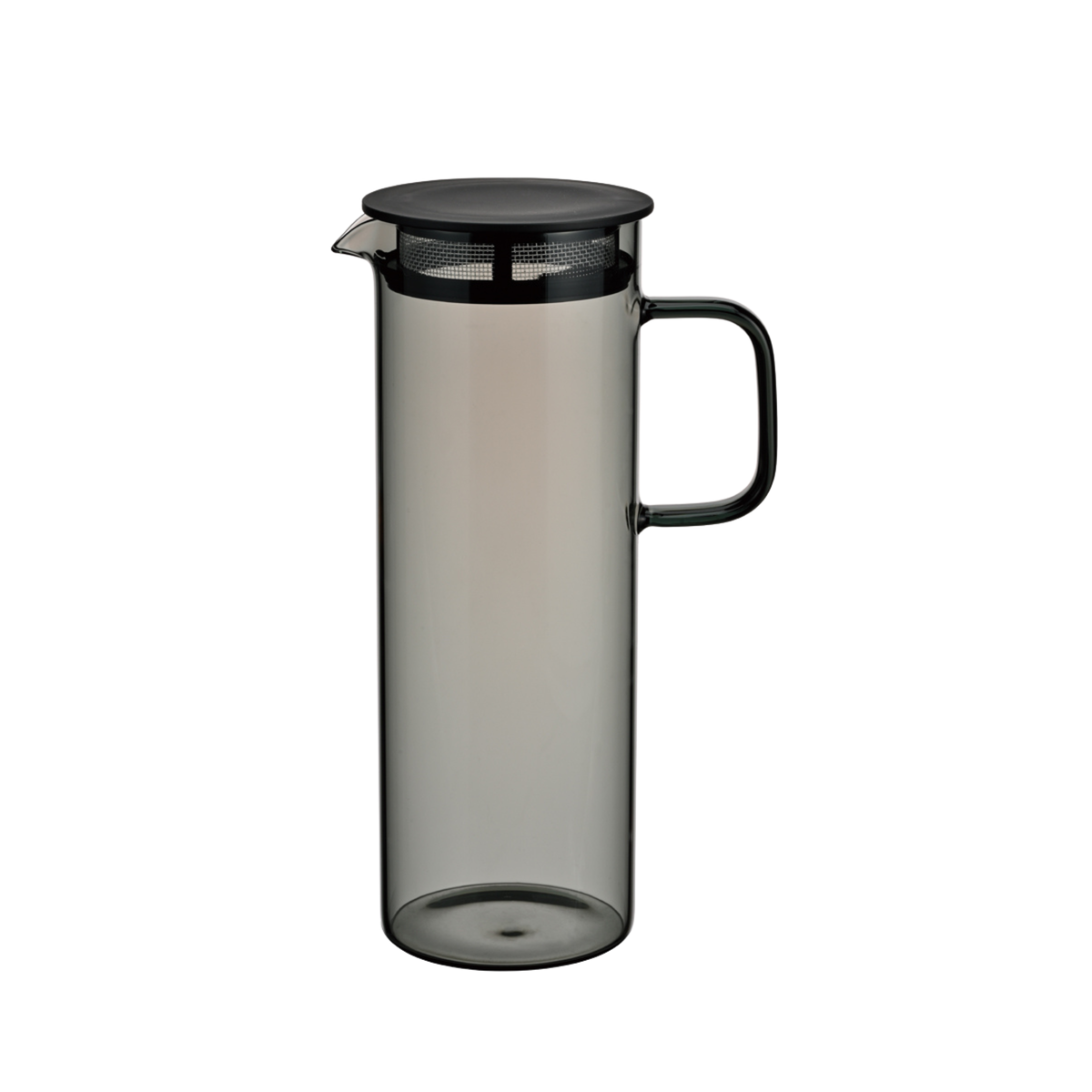 Side view of Hario Glass Pitcher Grey that is made from heatproof glass with 800ml capacity, with a lid that has a mesh filter.