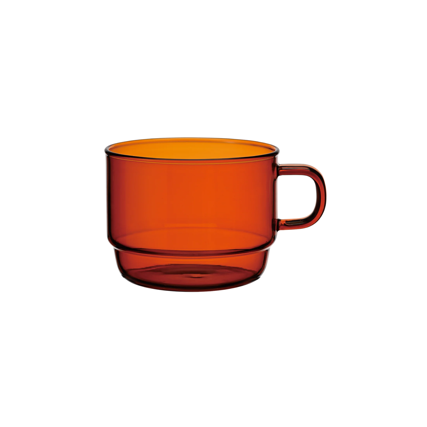 Side view of Hario Glass Stacking Mug Amber that is made from heatproof glass, for 300ml capacity.