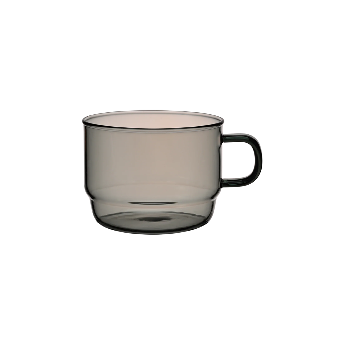 Side view of Hario Glass Stacking Mug Grey that is made from heatproof glass, for 300ml capacity.