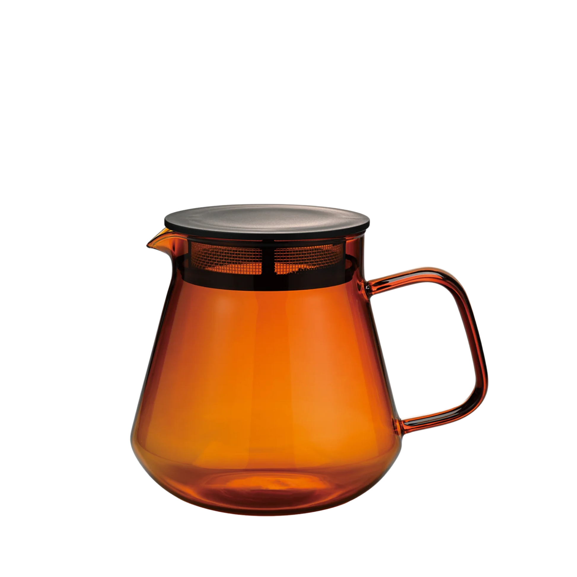 Side view of the Hario Glass Tea Server Amber which is made from heatproof glass, can also be used to contain the dripped coffee.