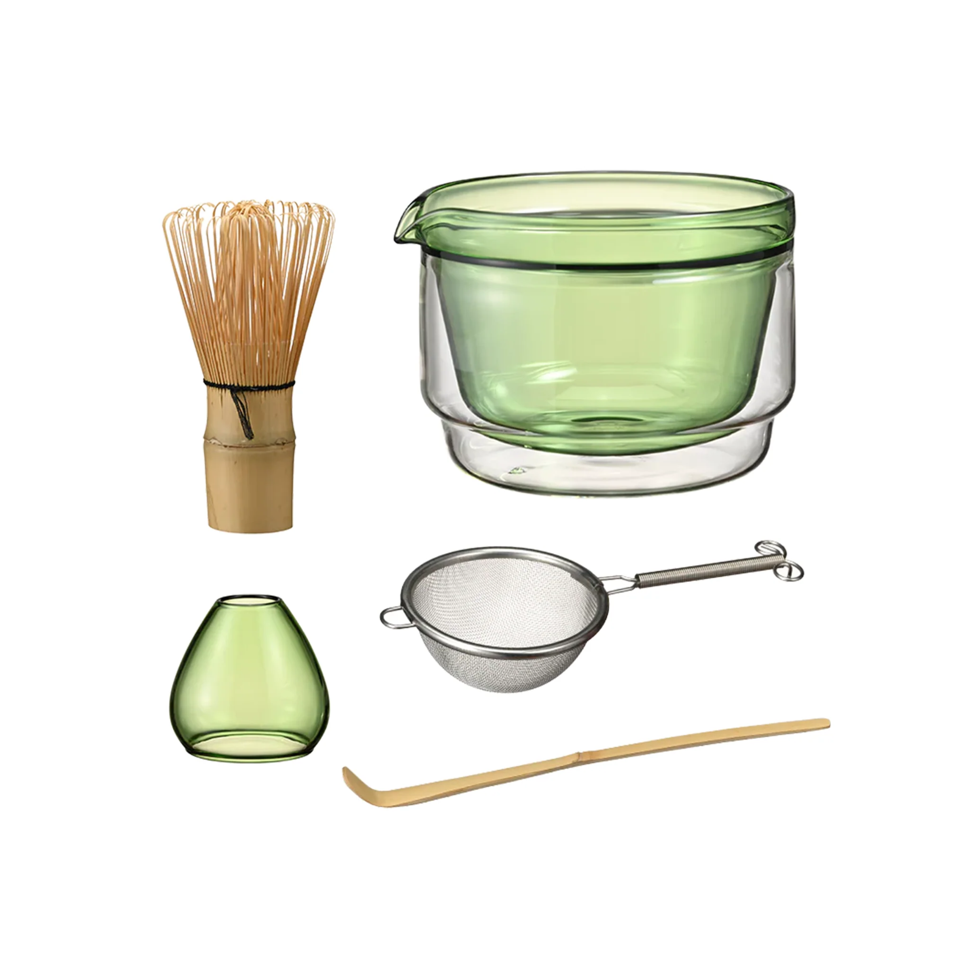 Showing all parts of the tea set from Hario Matcha Tea Set Green which includes a double-walled Matcha Bowl, stand from heatproof glass, Chasen or the whisk, chashaku or measuring spoon from bamboo and tea sifter from stainless steel.