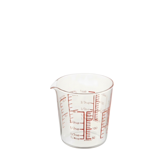 HARIO Measuring Cup, 200mL capacity, red markings for easy visibility from above, heatproof glass for microwave or hot water use, includes measurements for liquids, sugar, and flour.