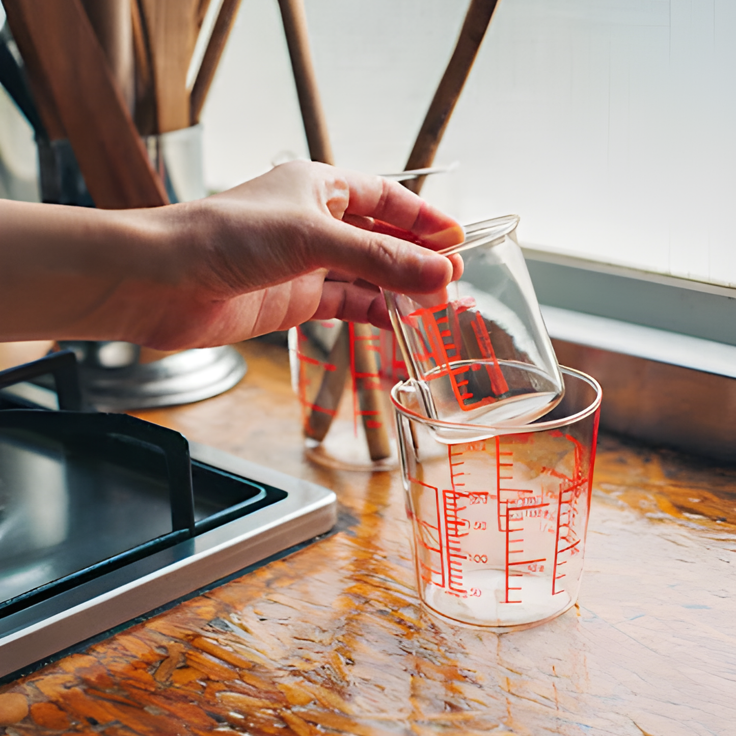 Stacked view of HARIO Measuring Cup, 200mL capacity, red markings for easy visibility from above, heatproof glass for microwave or hot water use, includes measurements for liquids, sugar, and flour.