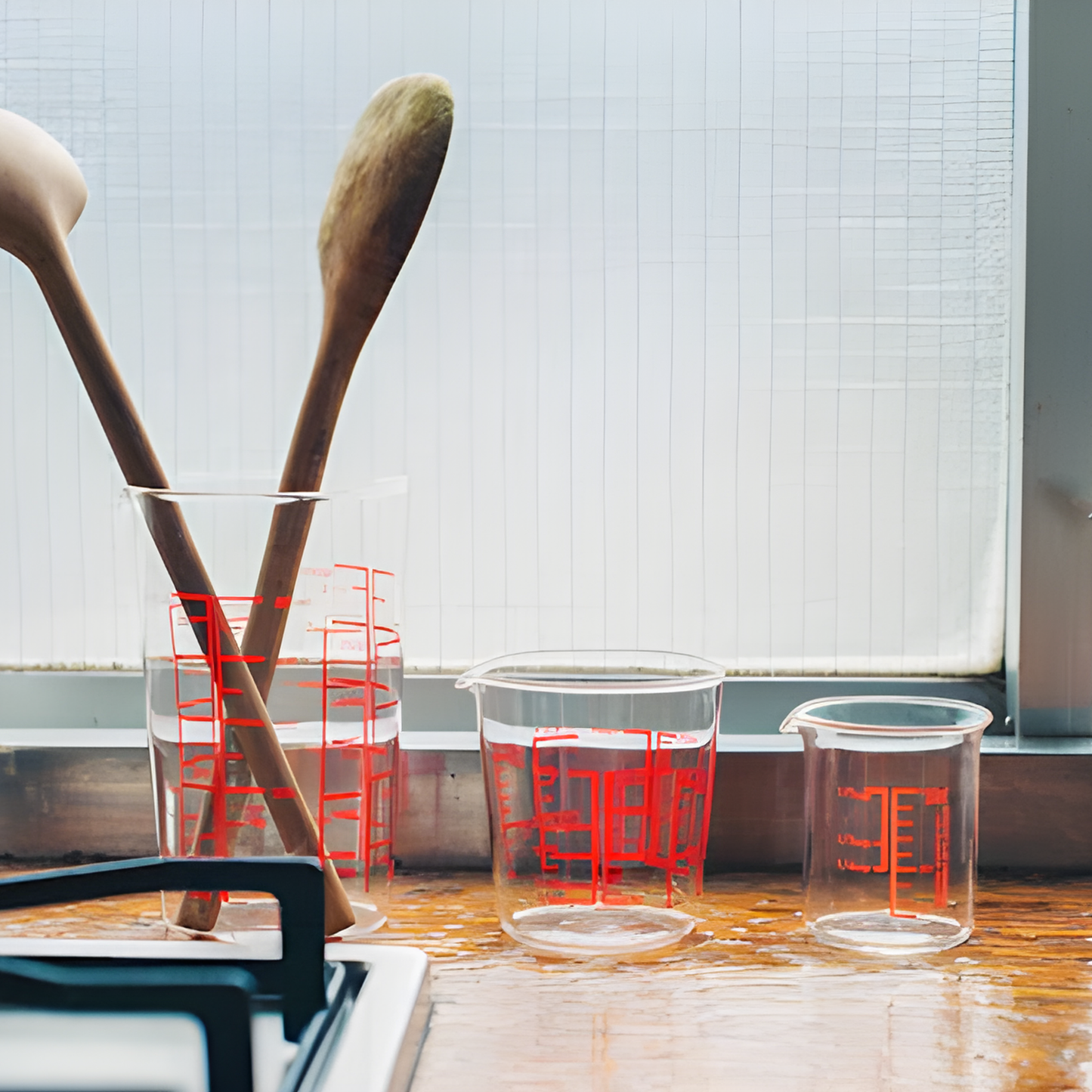 Shown with other smaller sizes, HARIO Measuring Cup, 500mL capacity, red markings for clear visibility from above, made of heatproof glass, suitable for measuring liquids, sugar, and flour, microwave and hot water safe.