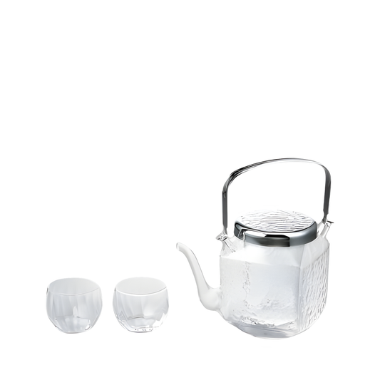 HARIO Chirori Sake Pot Set, heatproof glass body with stainless steel lid and brass knob, includes glass ice holder to chill without dilution, 360mL capacity, made in Japan.