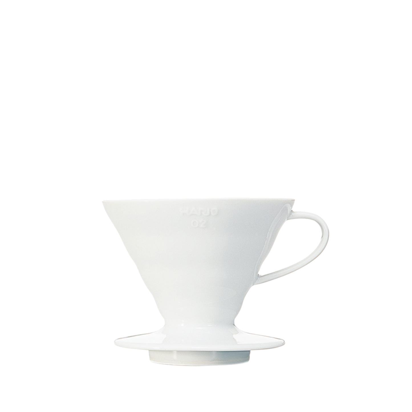HARIO V60 ceramic coffee dripper white porcelain with spiral ridges and conical shape for adjustable brewing flow, includes polypropylene measuring spoon.