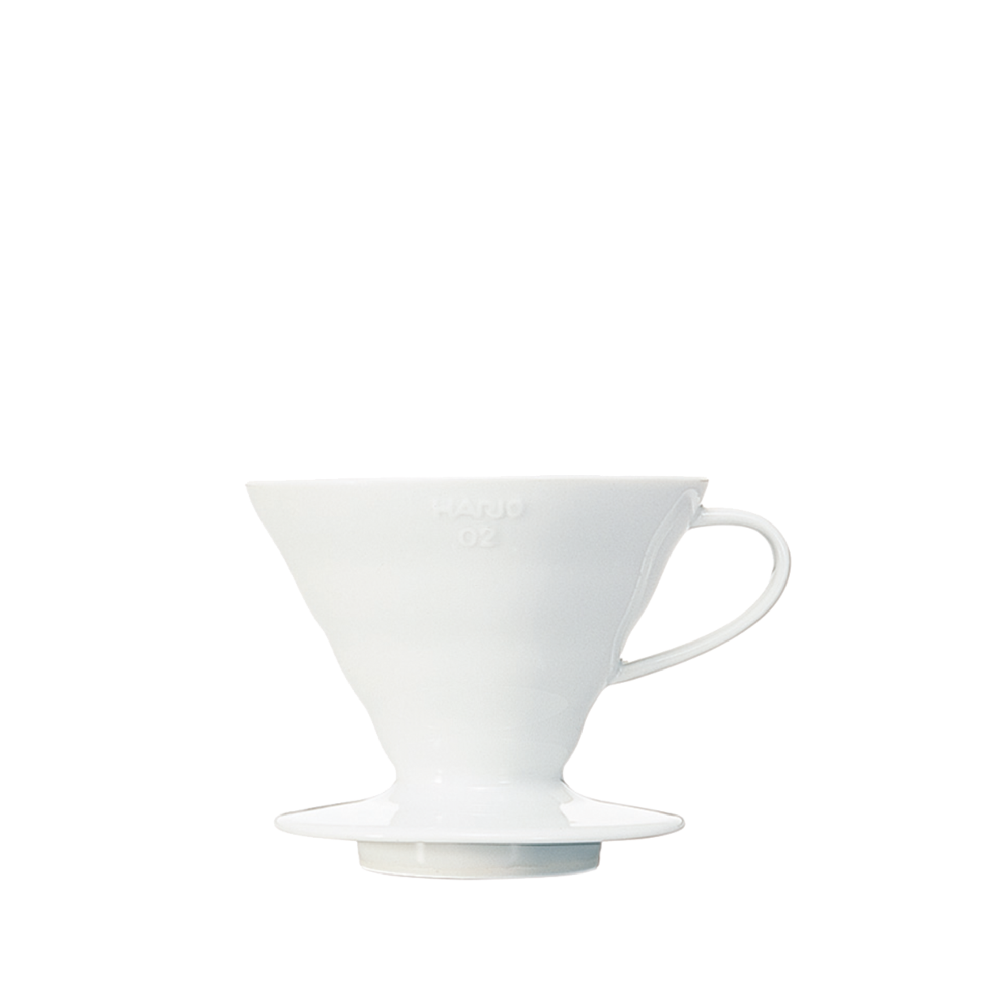 HARIO V60 ceramic coffee dripper white porcelain with spiral ridges and conical shape for adjustable brewing flow, includes polypropylene measuring spoon.