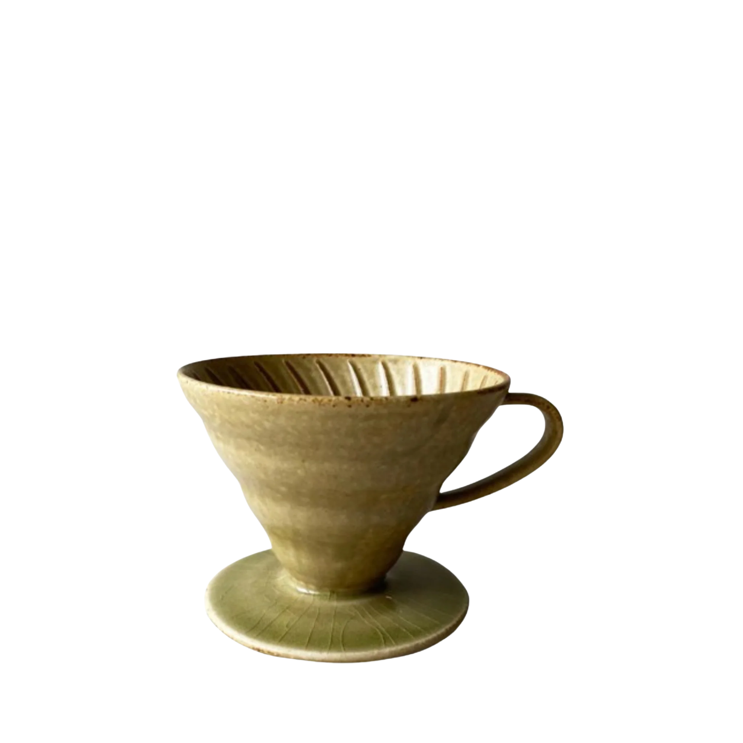 Side view of the Hario V60 Ceramic Tachikichi Coffee Dripper 02 Koseto handcrafted with natural glaze variations and fine crackles pattern for a unique character, iconic design with glazing from Kyoto-based brand Tachikichi.