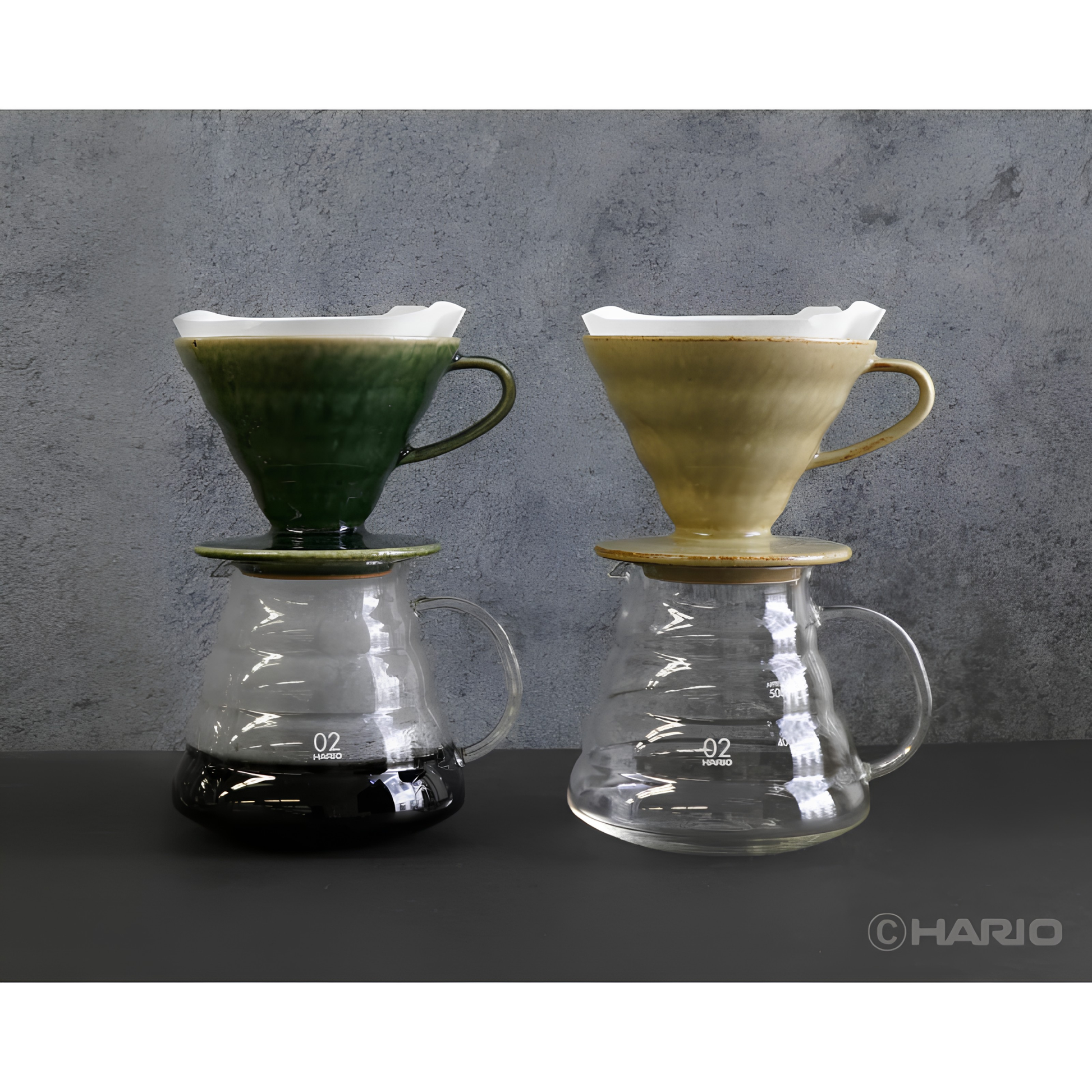 Seen with other variant being used, the Hario V60 Ceramic Tachikichi Coffee Dripper 02 Koseto handcrafted with natural glaze variations and fine crackles pattern for a unique character, iconic design with glazing from Kyoto-based brand Tachikichi.