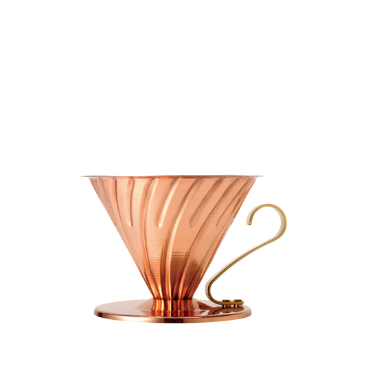 Side view of the Hario V60 Copper Coffee Dripper 02 Copper with the capacity of 1-4 cups, it weighs approximately 300g, featuring heat distribution evenly and antibacterial property of copper, widely used for kitchenware.
