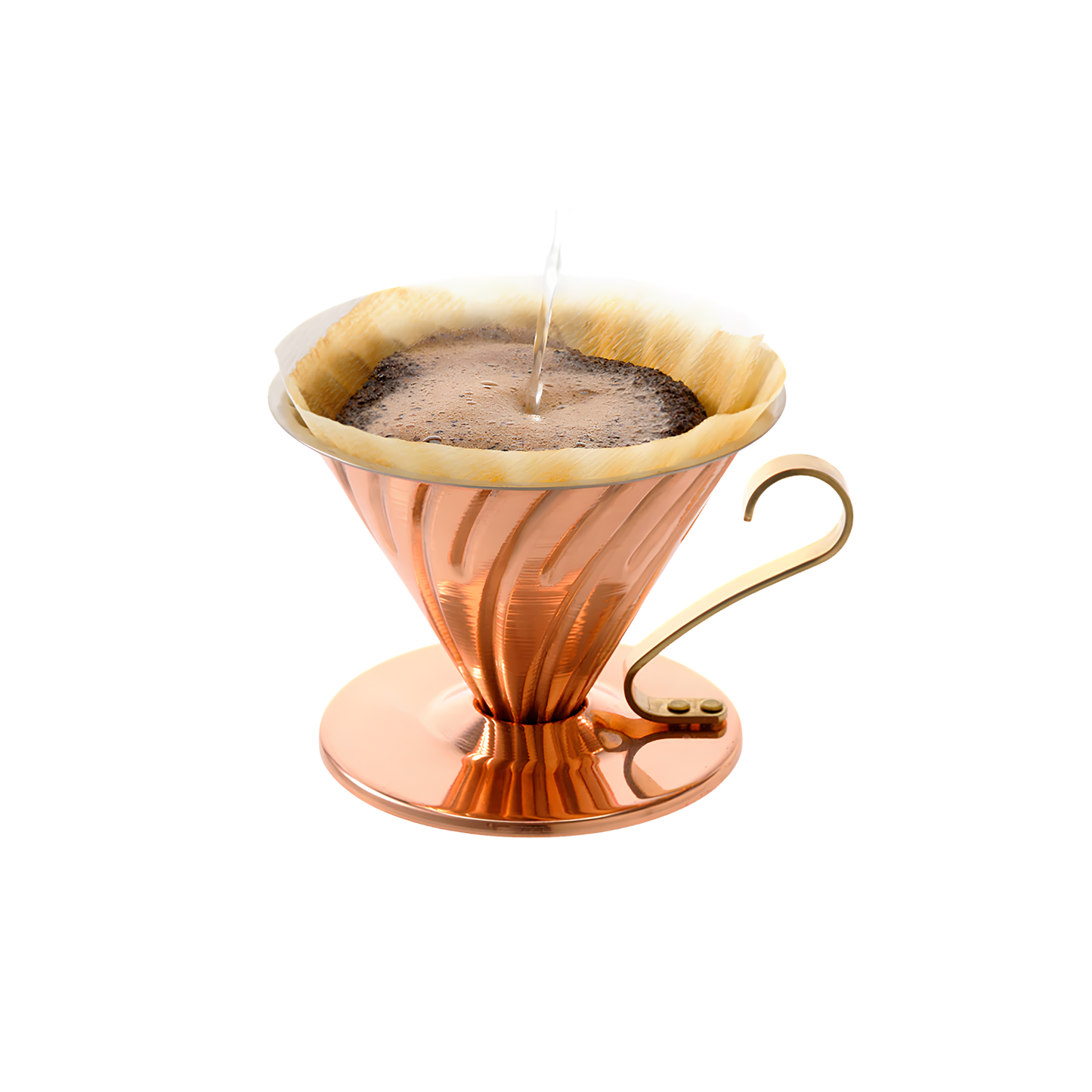 Water poured in to the Hario V60 Copper Coffee Dripper 02 Copper that has the capacity of 1-4 cups, and weighs approximately 300g, featuring heat distribution evenly and antibacterial property of copper, widely used for kitchenware.