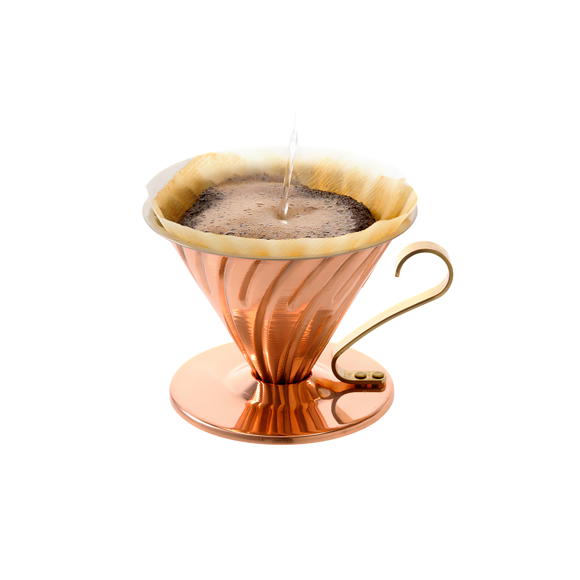 Water poured in to the Hario V60 Copper Coffee Dripper 02 Copper that has the capacity of 1-4 cups, and weighs approximately 300g, featuring heat distribution evenly and antibacterial property of copper, widely used for kitchenware.