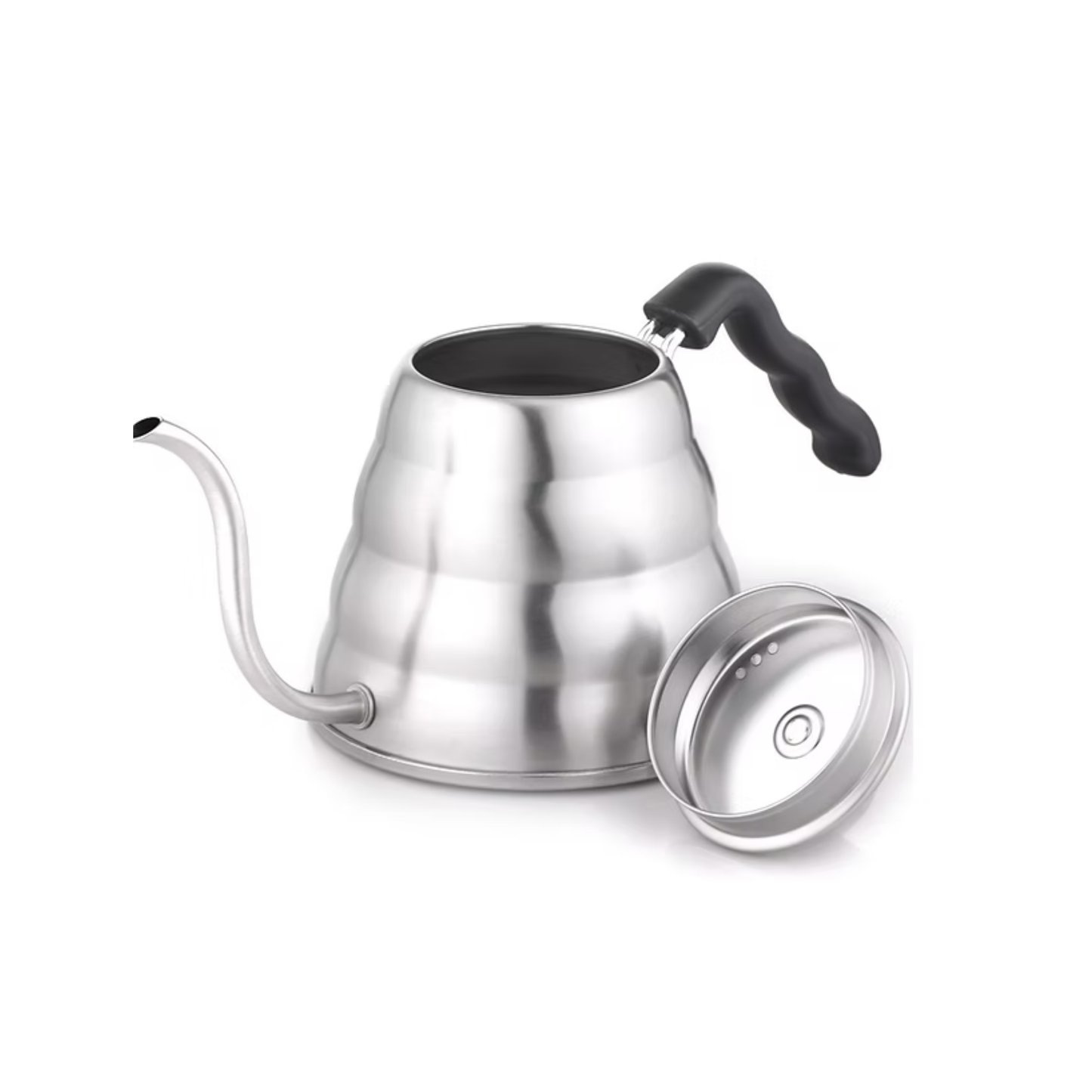 Being heated on stove top Hario V60 Drip Kettle - Coffee Kettle - Hairline Silver - Stainless Steel with Phenol Resin Handle - Slim spout design for precise pouring, 800mL capacity.
