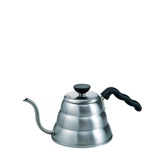 Side view of the Hario V60 Drip Kettle Buono 1L Stainless steel with slim spout for control pouring, for manual brewing.