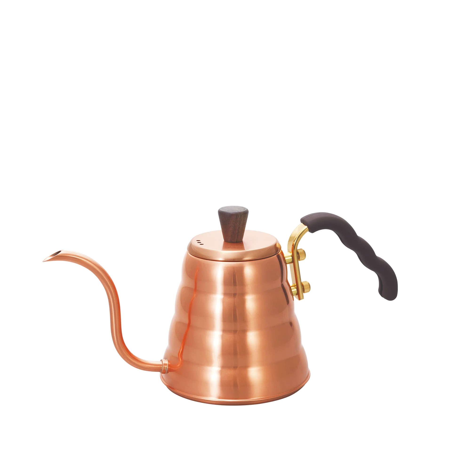 Side view of the Hario V60 Drip Kettle Buono 700ml Copper which includes Body of kettle and lid from copper, nickel and sealed with baked coating, lid knob from natural wood, handle from brass and handle cover from silicone rubber, luxurious of all kettles, iconic shape.