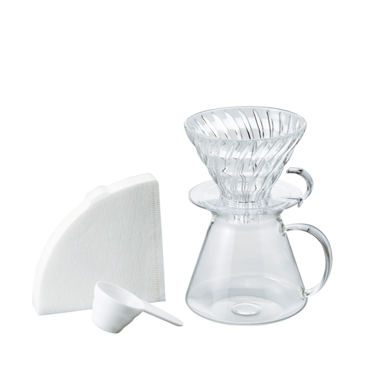HARIO V60 glass dripper set clear heatproof glass with dripper, server, filter paper, and polypropylene measuring spoon for 1 to 4 cups.