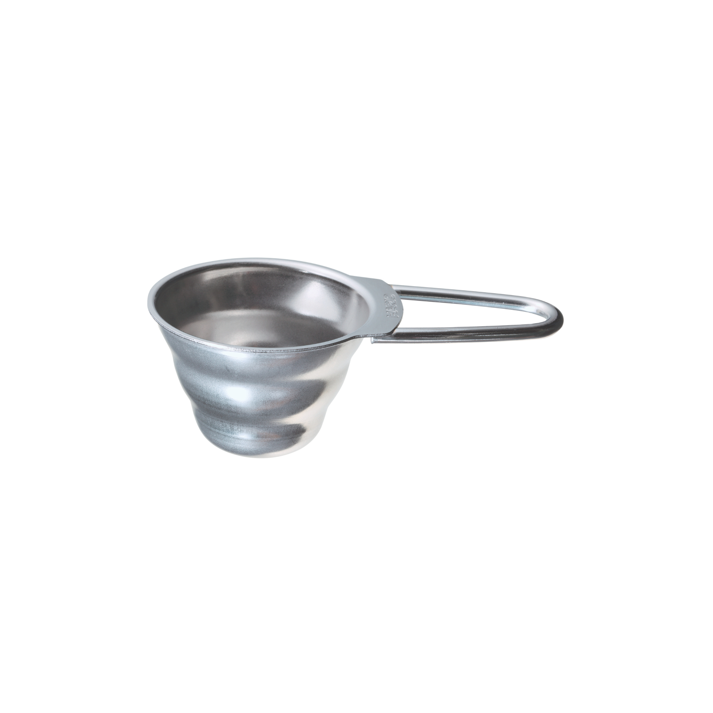 Semi top view of the Hario V60 Measuring Spoon made from stainless steel designed to complement the v60 series, perfect gift for the barista, with 12g ground coffee capacity, made in Japan.