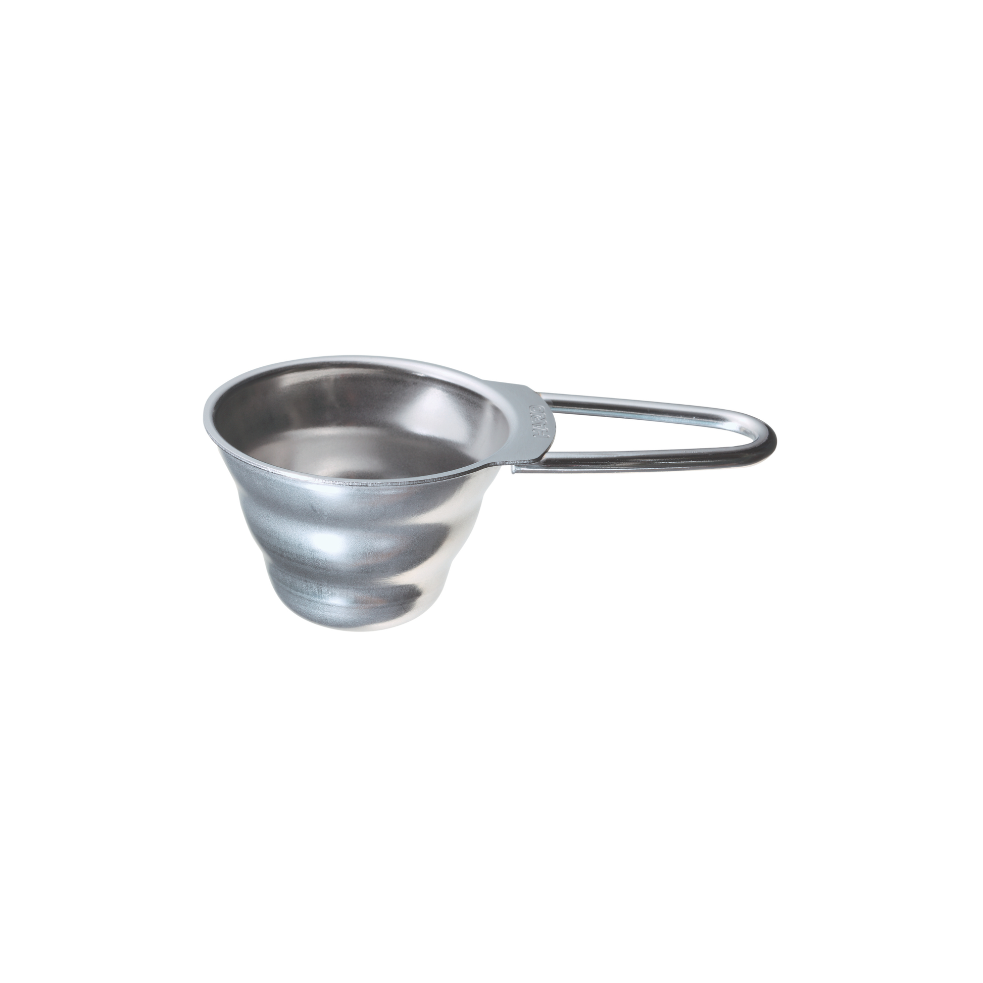 Semi top view of the Hario V60 Measuring Spoon made from stainless steel designed to complement the v60 series, perfect gift for the barista, with 12g ground coffee capacity, made in Japan.