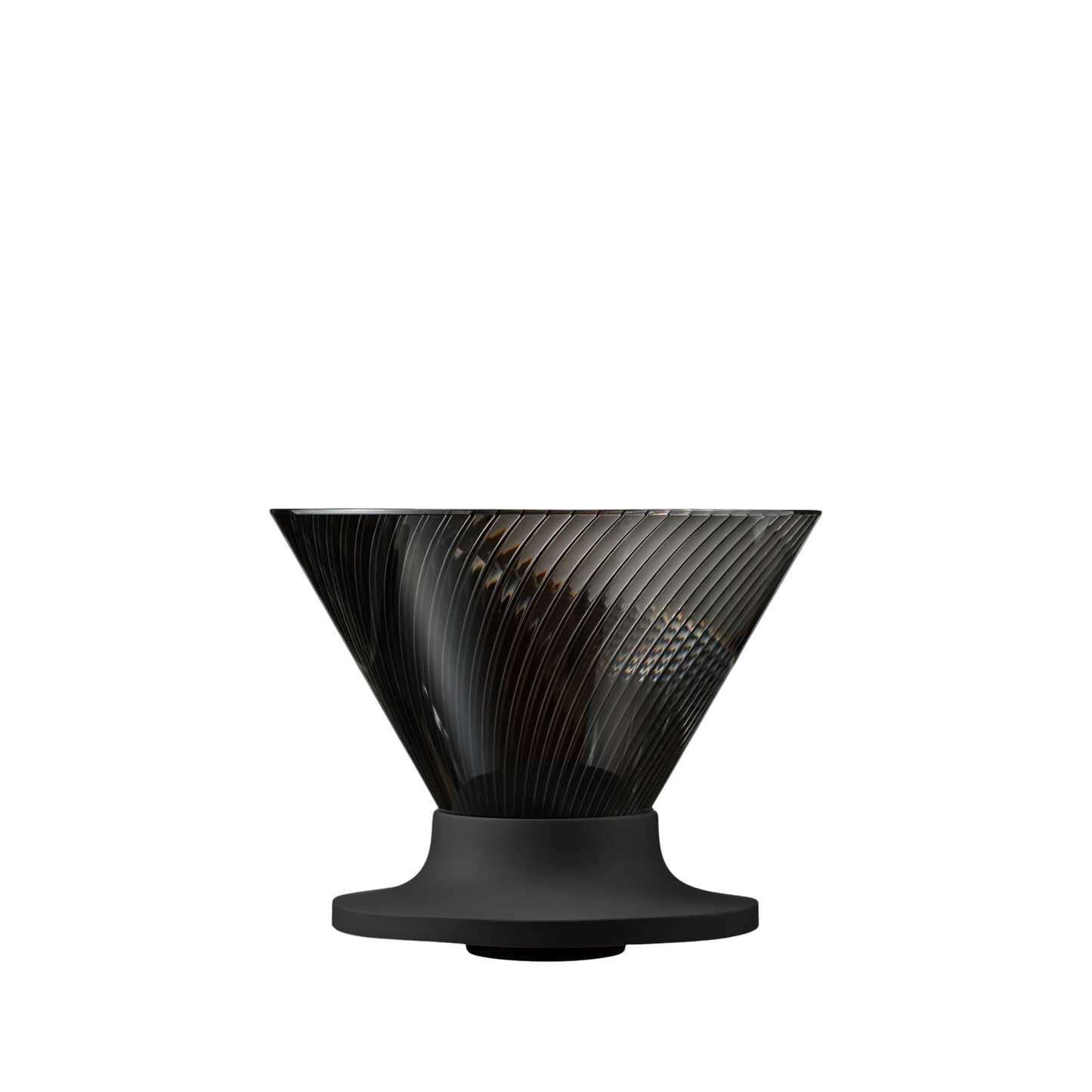 Side view of the Hario V60 Neo Coffee Dripper 02 Black which is made from PCT resin and silicone rubber, with detachable base for hybrid brewing.
