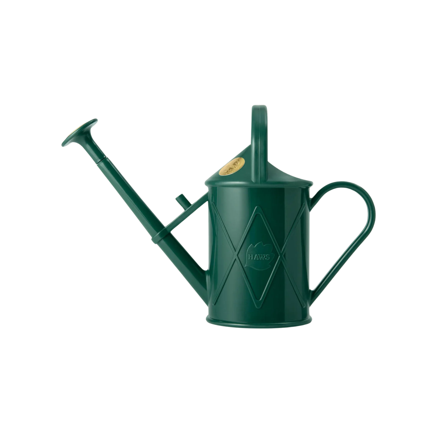 Side view of the Haws Watering Can Bartley Burbler Two Pint Green, an indoor watering can that has the traditional can shape and with removable rose for direct stream and fine spray.