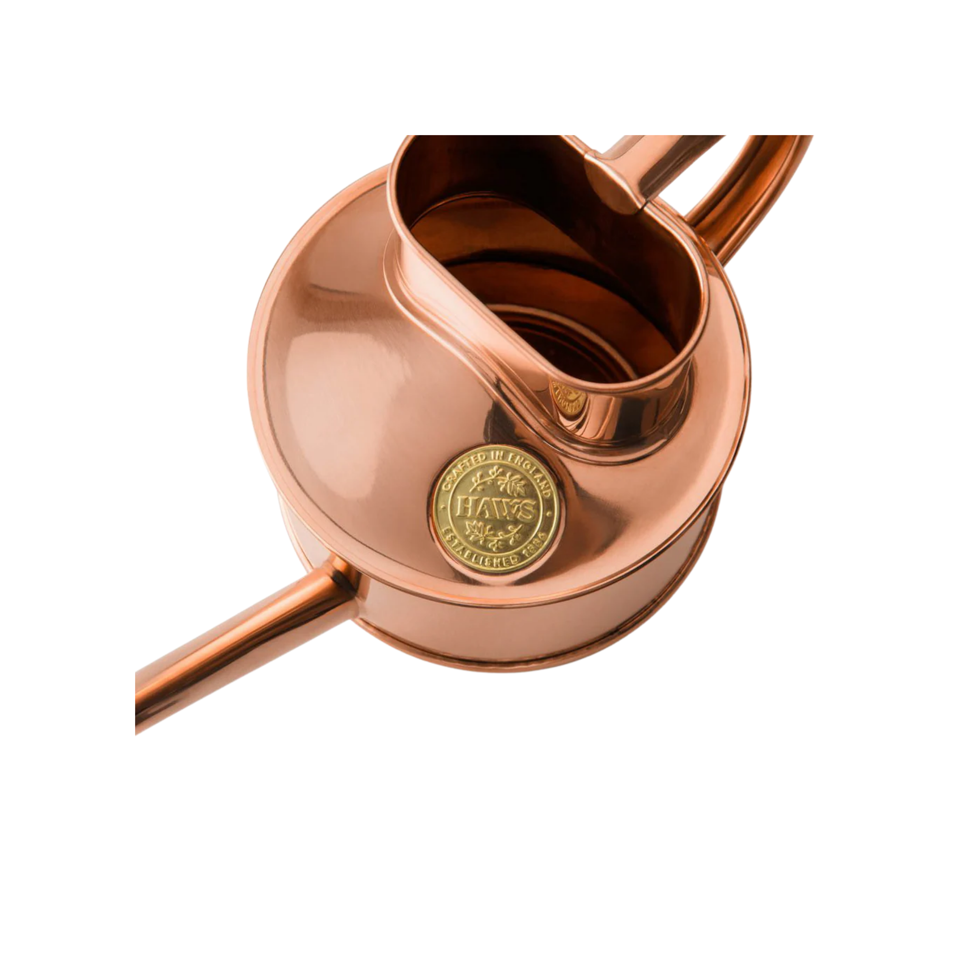 Close up of Haws watering can Fazeley flow copper one pint top view