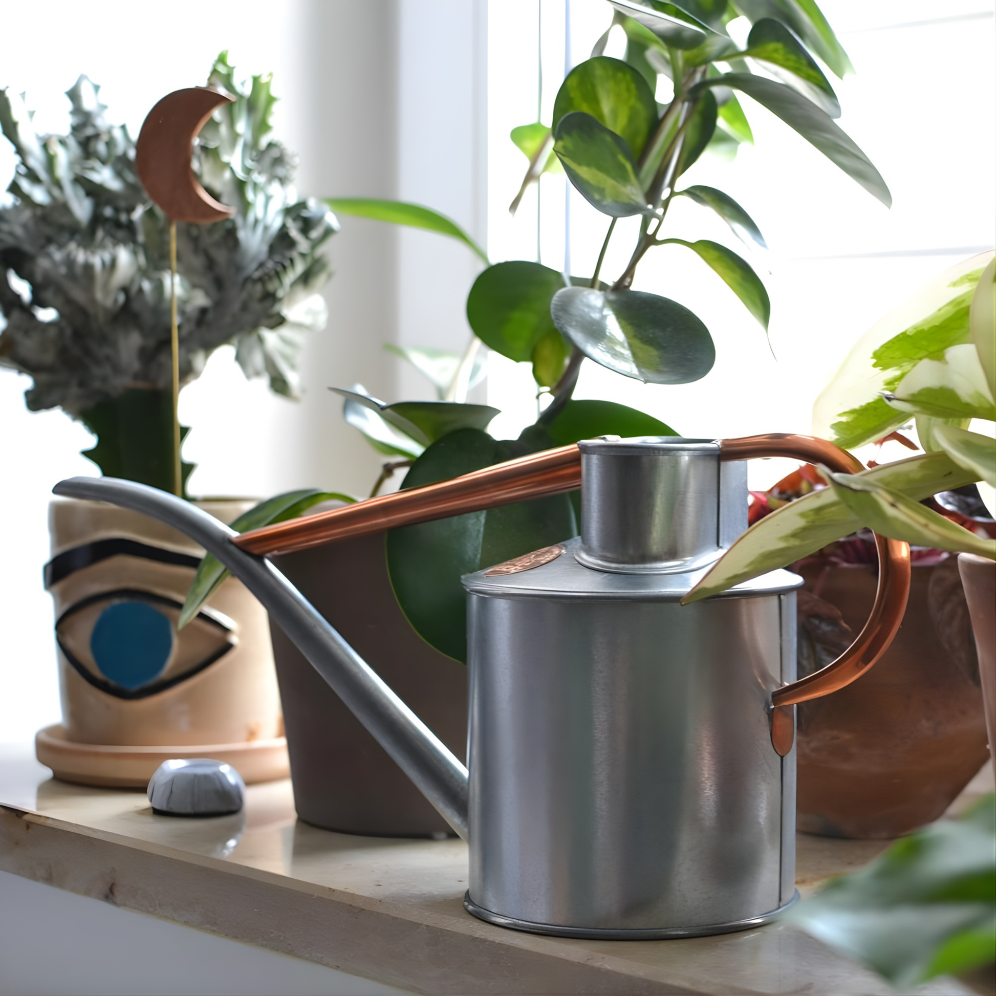 Seen being used for houseplants, the Haws Watering Can Fazeley Flow Two Pint Copper Edition for indoor metal watering can.