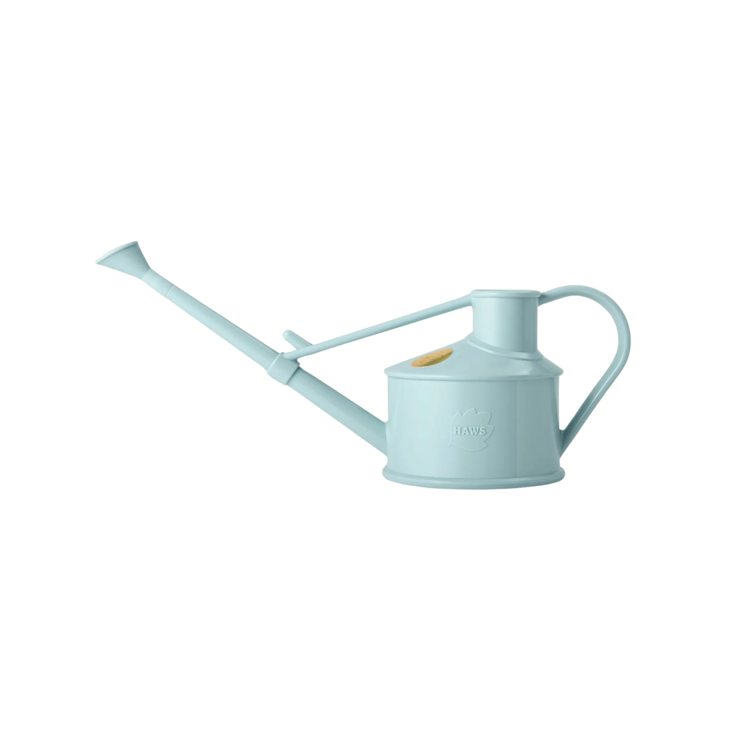Side view of the Haws Watering Can Langley Sprinkler One Pint Duck Egg Blue, a small plastic indoor watering can with long reach spout and a removable rose for direct and fine spray.
