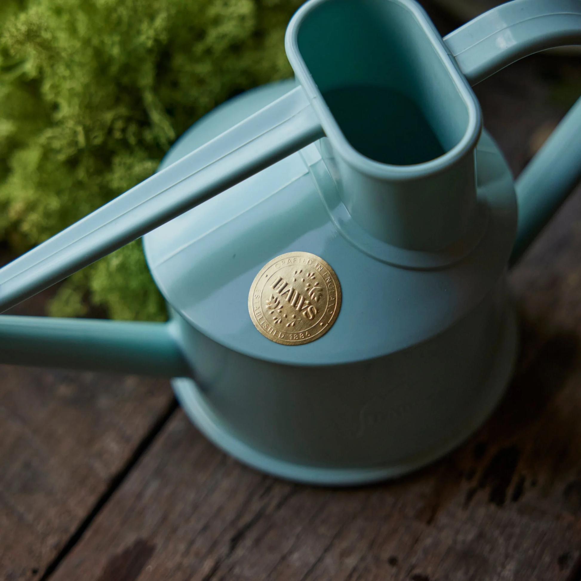 Top view and close up on the logo from the Haws Watering Can Langley Sprinkler One Pint Duck Egg Blue, a small plastic indoor watering can with long reach spout and a removable rose for direct and fine spray.