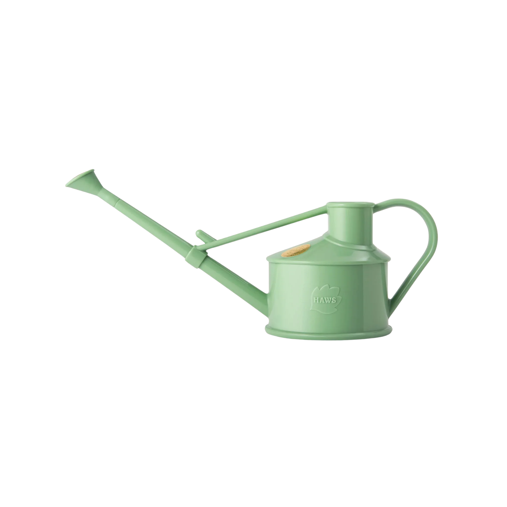 Side view of the Haws Watering Can Langley Sprinkler One Pint Sage, a small plastic indoor long reach watering can with a removable rose that gives two modes which is for direct stream and extra fine spray.
