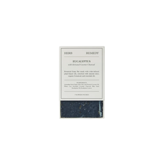 Herb Remedy botanical soap bar Eucalyptus front view half open showing soap