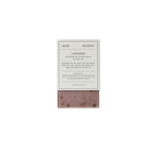 Herb Remedy botanical soap bar Lavender front view half open showing soap