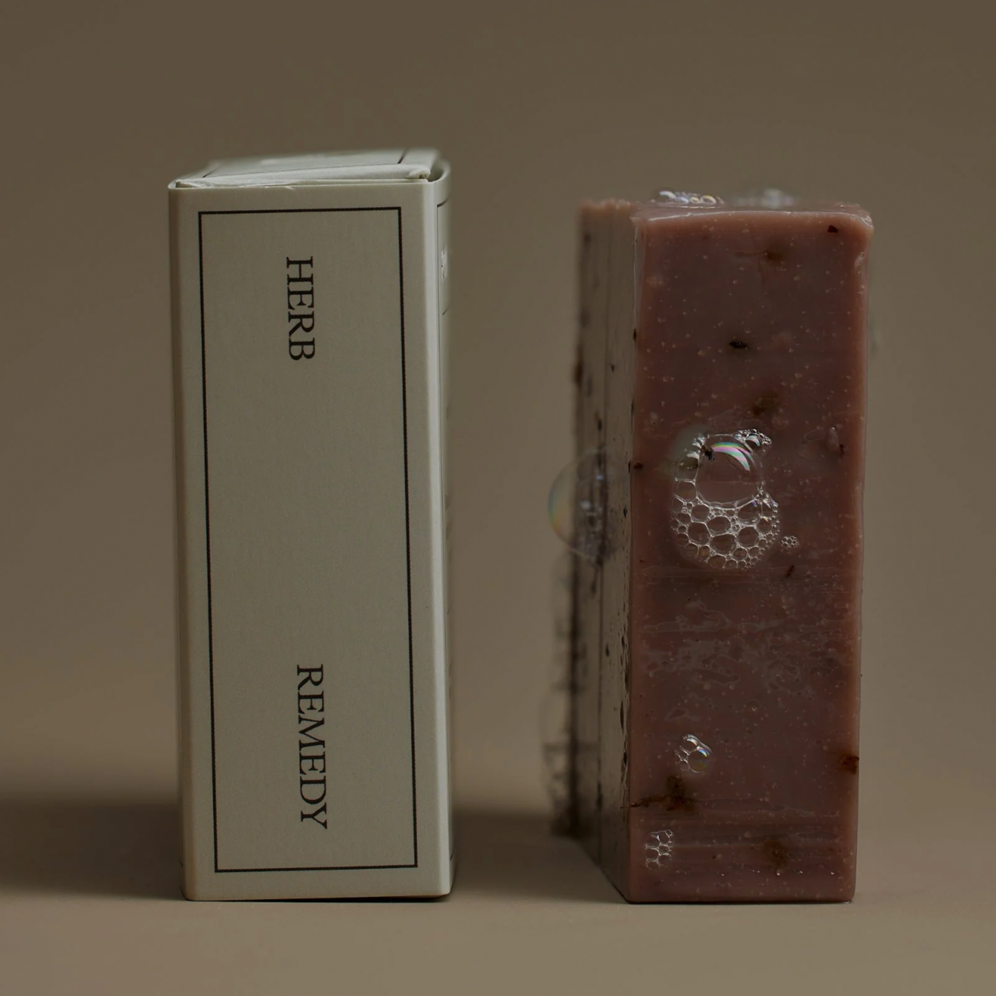 Herb Remedy botanical soap bar Lavender side view side by side with packaging