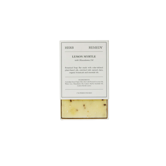 Herb Remedy botanical soap bar Lemon Myrtle front view half open showing soap