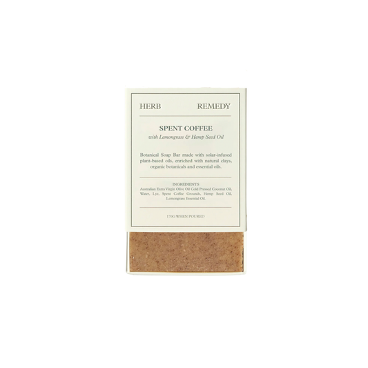 Herb Remedy botanical soap bar Spent Coffee front view half open showing soap